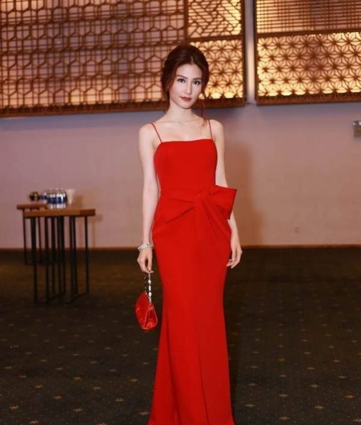 Váy dạ hội đỏ phối nơ eo độc đáo như Diễm My - D317
