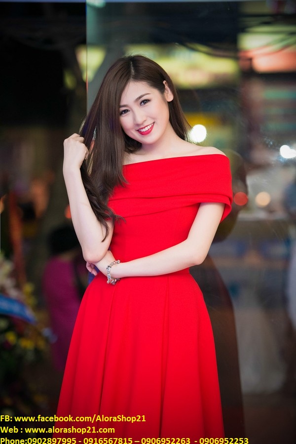Đầm xòe màu đỏ bẹt vai ngang sang trọng và nổi bật - DN198