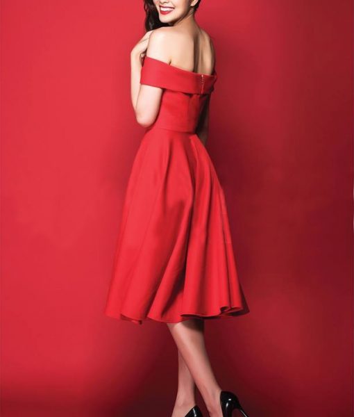 Đầm xòe vintage đỏ trễ vai đẹp như Tăng Thanh Hà - DN216