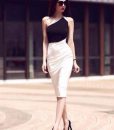 Đầm body Ngọc Trinh lệch vai đen phối trắng sang trọng - DN339