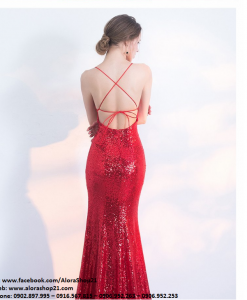 Đầm dạ hội kim sa đỏ cúp ngực ôm body tôn dáng - D428