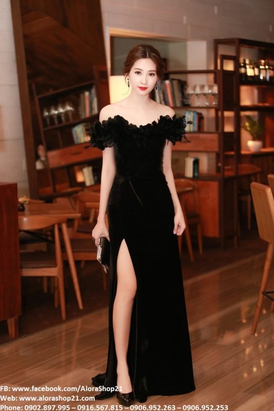 Đầm dạ hội nhung cao cấp thiết kế đính lông tuyệt đẹp - D436