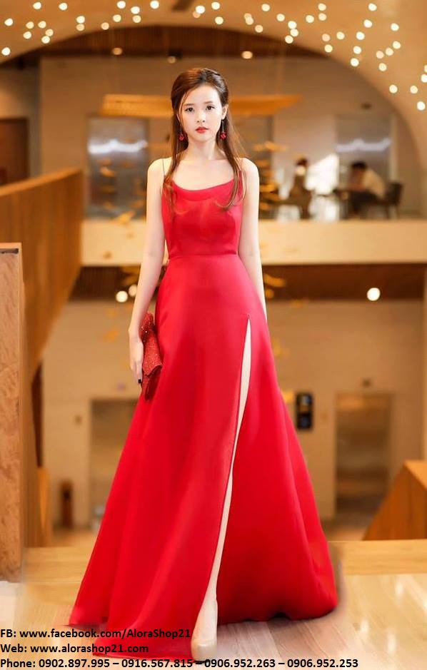 Đầm dạ hội phi đỏ hai dây xẻ đùi cao xinh xắn – D443