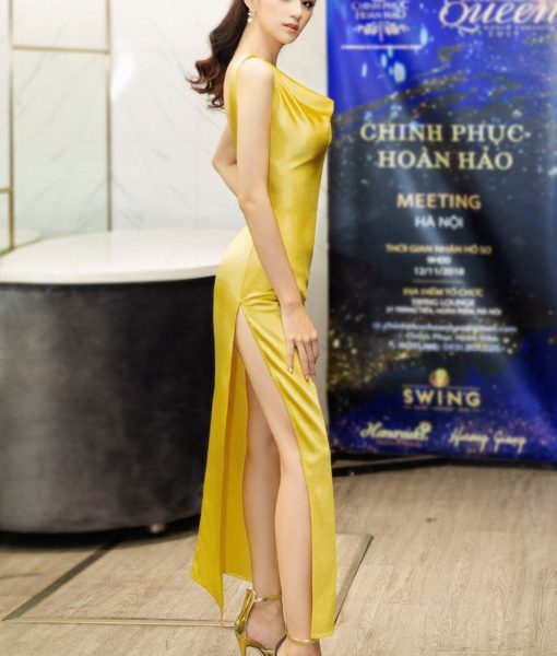 Đầm dạ hội vàng kiểu hai dây cổ đỗ xẻ hông - D452