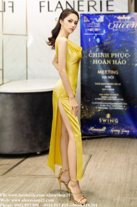 Đầm dạ hội vàng kiểu hai dây cổ đỗ xẻ hông - D452