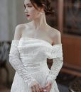 Đầm ren trắng xòe lệch vai tay dài quyến rũ-DN480-2