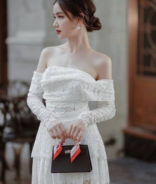 Đầm ren trắng xòe lệch vai tay dài quyến rũ-DN480