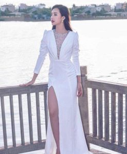 Đầm dạ hội trắng thiết kế tay dài xẻ đùi cao quyến rũ - D535