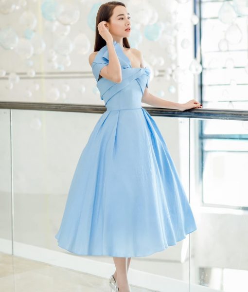 Đầm xoè dự tiệc xanh baby đính nơ quyến rũ - DN502