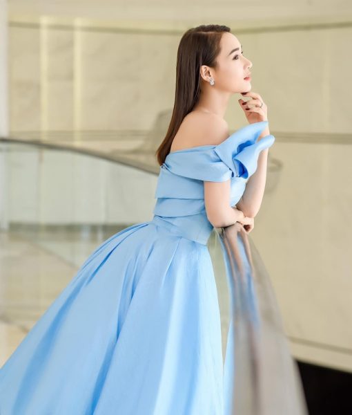 Đầm xoè dự tiệc xanh baby đính nơ quyến rũ - DN502