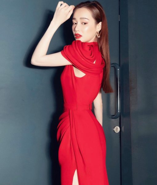 Váy dạ hội đỏ kiểu xẻ tà cao phối tay con sexy - D623