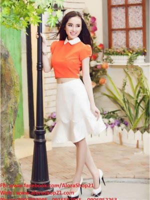 Áo crop top cam phối cổ peter pan trắng