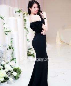 Đầm dự tiệc dài bẹt vai ngang màu đen sang trọng