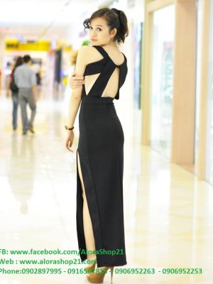 Váy dạ hội dài sang trọng cổ đỗ xẻ đùi quyến rũ