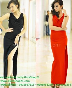 Váy dạ hội dài sang trọng cổ đỗ xẻ đùi quyến rũ