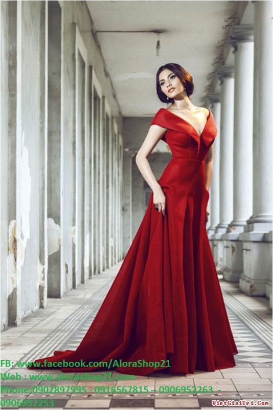 Đầm dạ hội bẹt vai hở V sang trọng quyến rũ