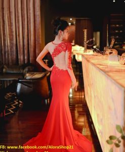 Đầm dạ hội phối ren nude tay dài sexy quyến rũ