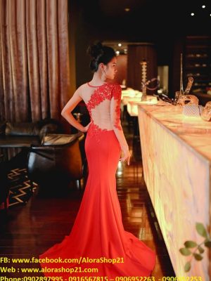 Đầm dạ hội phối ren nude tay dài sexy quyến rũ