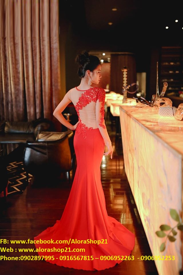 Đầm dạ hội phối ren nude tay dài sexy quyến rũ