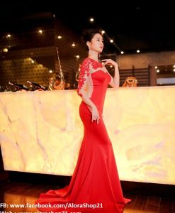 Đầm dạ hội phối ren nude tay dài sexy quyến rũ