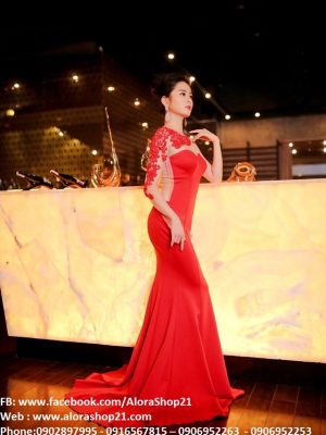 Đầm dạ hội phối ren nude tay dài sexy quyến rũ