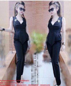 Set áo peplum cổ vest quần dài phối cực sang