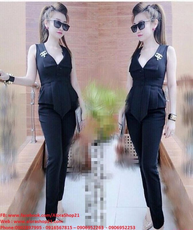 Set áo peplum cổ vest quần dài phối cực sang