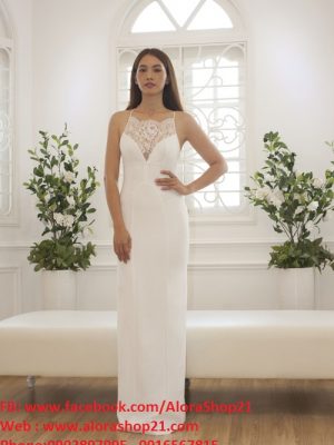 Đầm dạ hội trắng phối ren sexy cut out độc đáo - D318