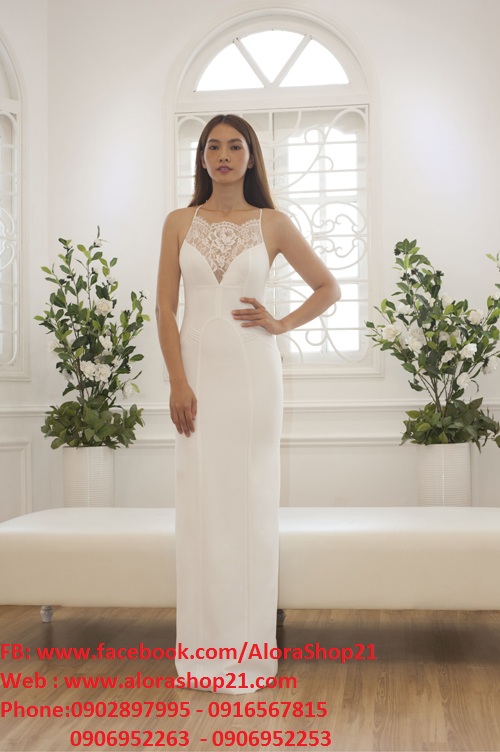 Đầm dạ hội trắng phối ren sexy cut out độc đáo - D318