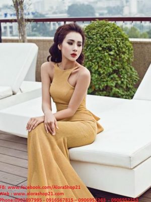 Đầm dạ hội cổ yếm hở lưng phối đuôi cá sành điệu sang trọng - D334