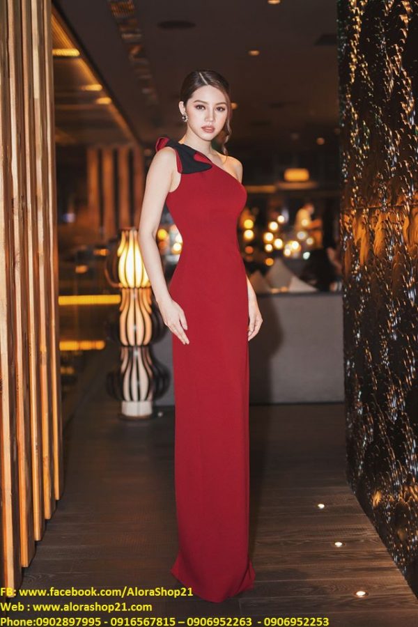 Váy dạ hội đẹp thiết kế lệch vai đính nơ sang trọng - D338
