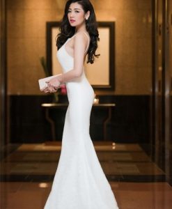 Đầm dạ hội đuôi cá dài thiết kế sát nách vuông như HH Tú Anh - D339