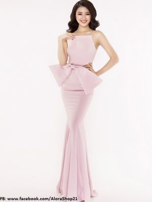 Váy dạ hội 2 dây phối nơ eo hồng pastel dễ thương tôn dáng- D343