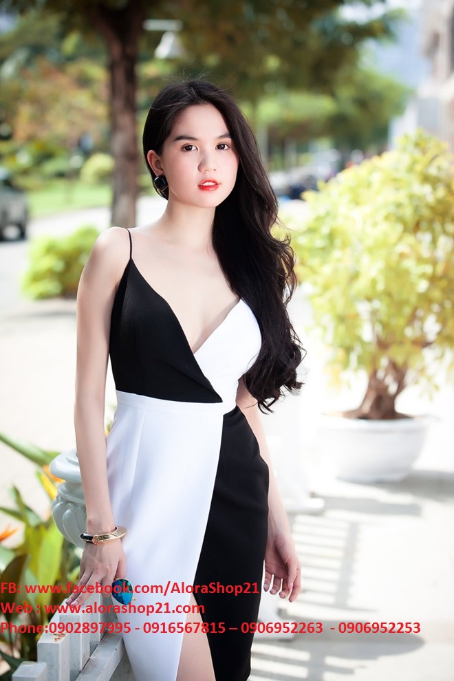 Đầm body ngọc trinh hai dây chân váy xẻ phối màu - DN01