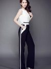 Jumpsuit dài sát nách cổ đổ phối trắng đen như Ngọc Trinh - J53