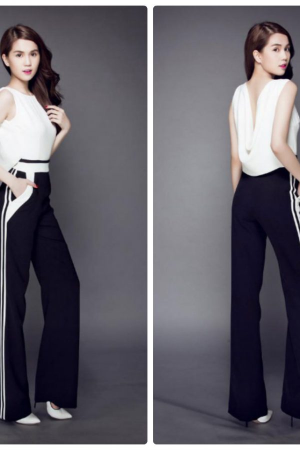 Jumpsuit dài sát nách cổ đổ phối trắng đen như Ngọc Trinh - J53