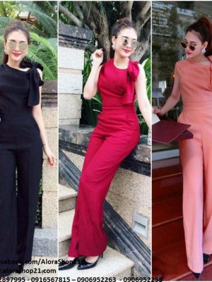 Jumpsuit dài ống suông nơ cổ ôm body tôn dáng sang trọng - J60