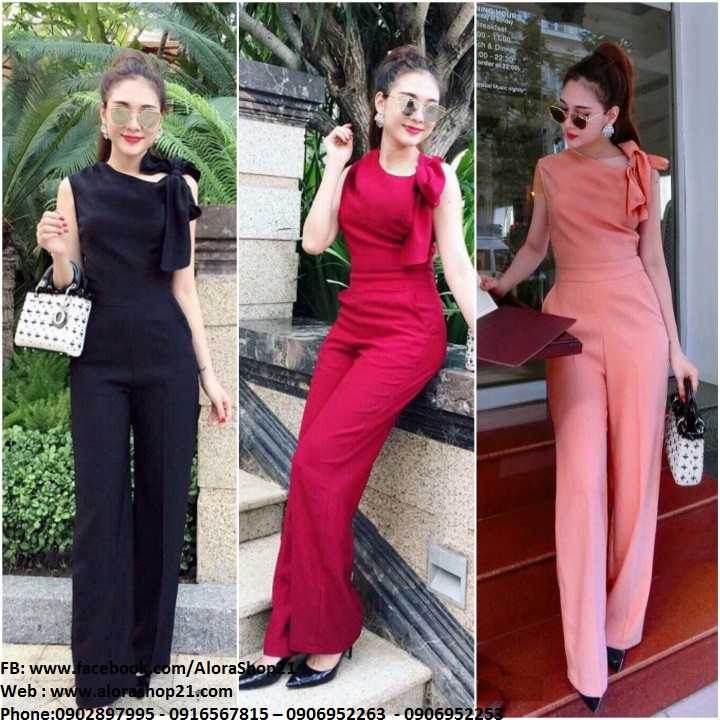 Jumpsuit dài ống suông nơ cổ ôm body tôn dáng sang trọng - J60