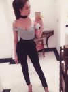 Bộ quần áo Ngọc Trinh thiết kế áo lệch vai quần dài ôm - J64