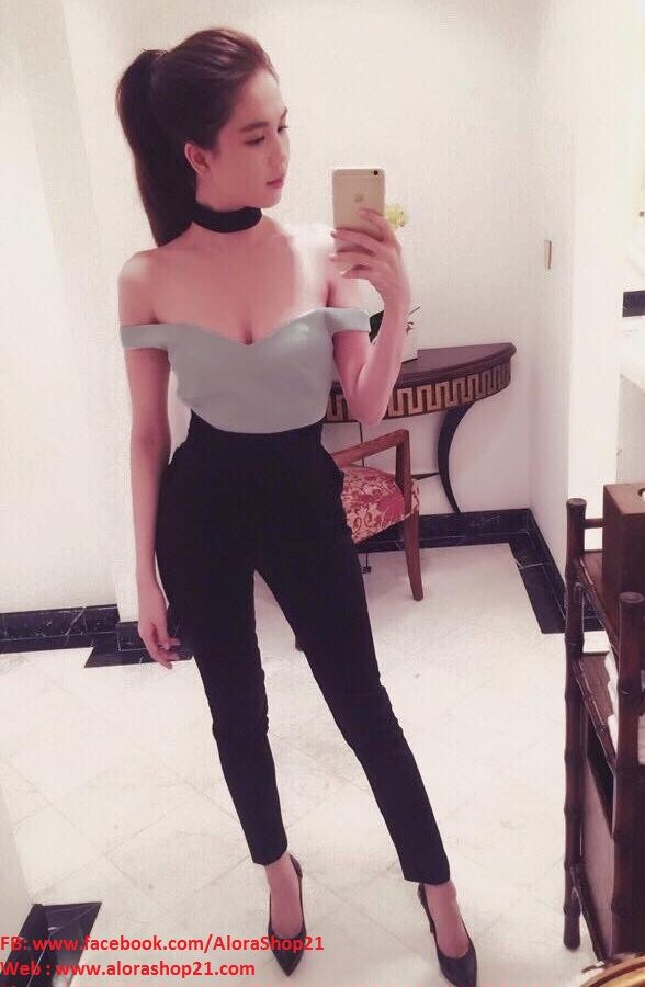 Bộ quần áo Ngọc Trinh thiết kế áo lệch vai quần dài ôm – J64