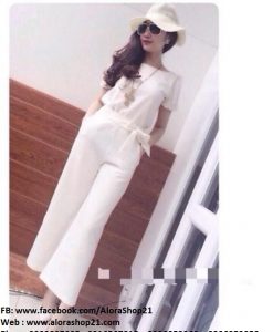 Set áo kiểu cổ thuyền và quần ống suông lửng phối nơ sành điệu - JL16