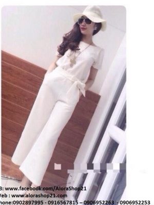 Set áo kiểu cổ thuyền và quần ống suông lửng phối nơ sành điệu - JL16