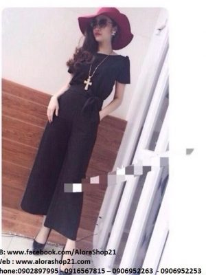 Set áo kiểu cổ thuyền và quần ống suông lửng phối nơ sành điệu - JL16