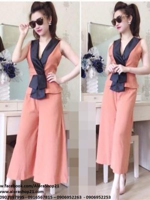 Set quần ống suông rộng áo cổ vest viền phi thắt nơ eo - JL20