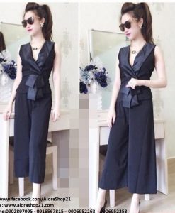 Set quần ống suông rộng áo cổ vest viền phi thắt nơ eo - JL20