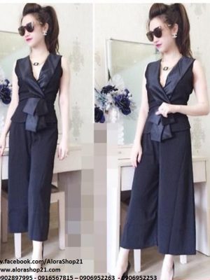 Set quần ống suông rộng áo cổ vest viền phi thắt nơ eo - JL20