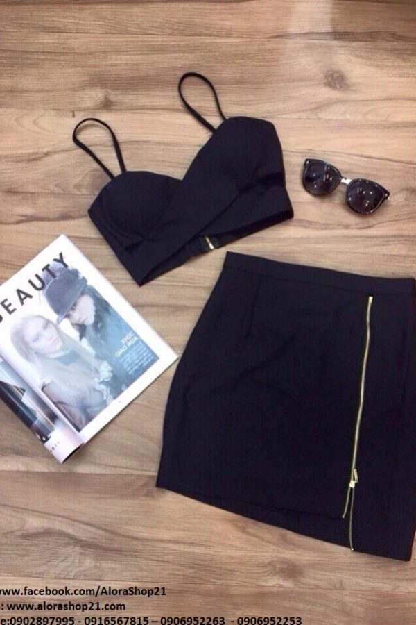 Set áo croptop chéo ngực chân váy dây kéo Ngọc Trinh - JN14