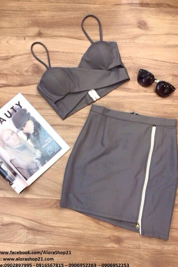 Set áo croptop chéo ngực chân váy dây kéo Ngọc Trinh - JN14