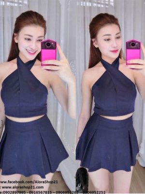 Set áo cổ yếm và chân váy xòe xanh đen - JN24