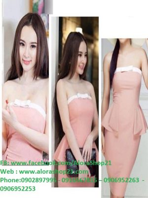 Đầm ống hồng pastel viền trắng peplum Phương Trinh - DN137